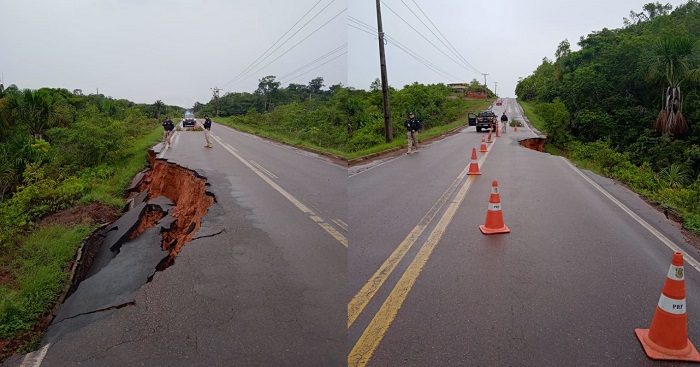 Trecho da BR 174 desaba e via é interditada em Presidente Figueiredo