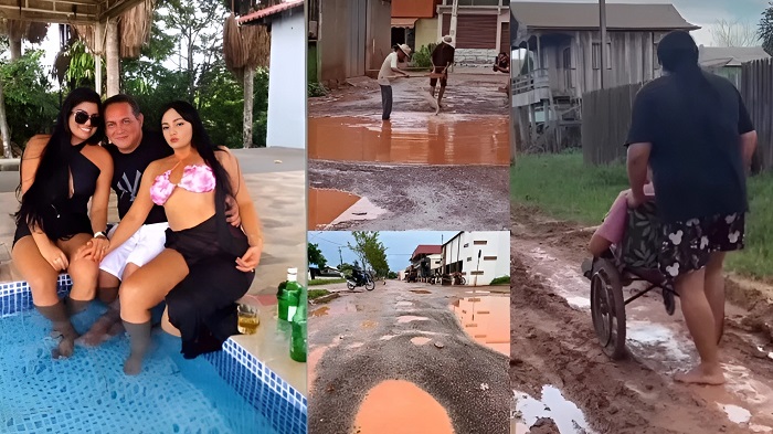 Prefeito do interior do AM curte com ‘novinhas’ na piscina enquanto população sofre na lama